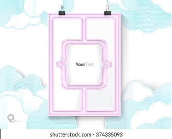 Pink Brackets Placeholder Element on an A4 Paper Mock Up with Blue Origami Clouds Sky Background for Your Content