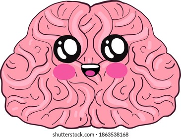Pink brain with a face, illustration, vector on white background.