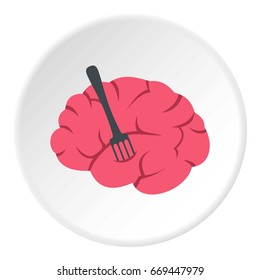 Pink brain with fork icon in flat circle isolated on white background vector illustration for web