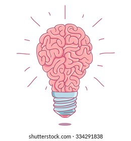 Pink brain in the form of a burning light bulb with sparks. Vector illustration drawn by hand on a white background. Thought concept. Smart bulb. Thinker logo.