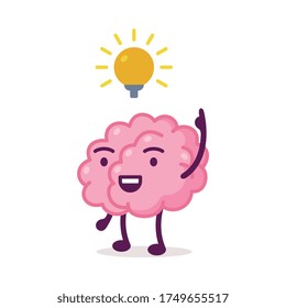 Pink Brain Having Idea, Funny Human Nervous System Organ Cartoon Character with Light Bulb Over Head Vector Illustration on White Background