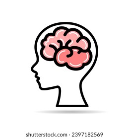 Pink brain in head human doodle icon flat vector design