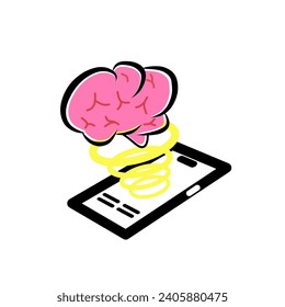 The pink brain icon, placed on top of a smartphone, appears to be floating. It represents the concept of mobile intelligence, smart technology, digital intelligence, or learning applications.