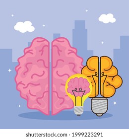 pink brain and lights bulbs