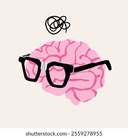 Pink Brain with nerd glasses, googles. Cartoon style. Hand drawn modern Vector illustration. Idea, mind, cognition, thinking concept. Isolated design element