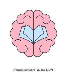 A pink brain outline contains an open light blue book in the center, symbolizing education and intellectual growth.