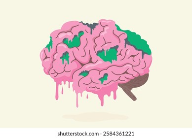 Pink brain rot and melting down . Concept illustration about deterioration of a person's mental, loss concentration, OCD, or intellectual state result of overconsumption of material.