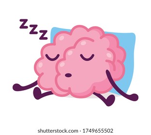 Pink Brain Sleeping on Pillow and Snoring, Funny Human Nervous System Organ Cartoon Character Vector Illustration on White Background
