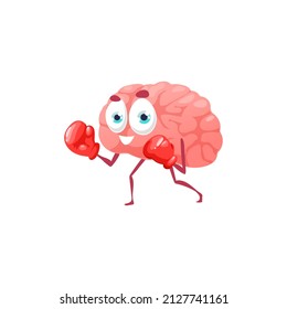 Pink brain sportive boxing athlete isolated cartoon character. Vector mind human mental organ in boxing gloves, smiling brain wearing boxing gloves, emoticon in hobby sport, cute thinker, workout