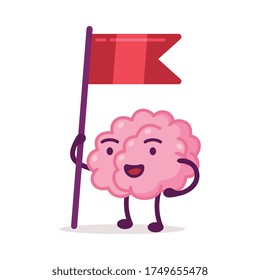 Pink Brain Standing with Red Flag, Funny Human Nervous System Organ Cartoon Character Vector Illustration on White Background