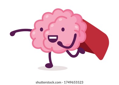 Pink Brain Superhero Running Wearing Red Cape, Funny Human Nervous System Organ Cartoon Character Vector Illustration on White Background