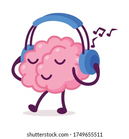 Pink Brain Walking and Listening Music with Headphones, Funny Human Nervous System Organ Cartoon Character Vector Illustration on White Background
