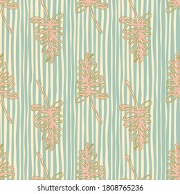 Pink branch ornament seamless pattern. Stylized foliage elements with blue and white stripped background. Decorative backdrop for wallpaper, textile, wrapping paper, fabric print. Vector illustration.