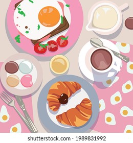 Pink breakfast with fried eggs croque monsieur, macaroon, hot chocolate, croissants and milk jug with cream and silverware in pink and lilac tones
