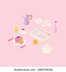 rosafarbenes Frühstücksset mit Pfannkuchen. Isometrische Vektorillustration Illustration in flachem Design.