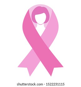 Pink breast cancer awareness ribbon with a female silhouette on a white background