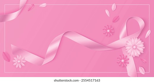 Pink breast cancer background with ribbon vector. Girl awareness symbol for hope realistic medical campaign design. 3d satin curve border for support brochure in world. Silk survivor fight sign