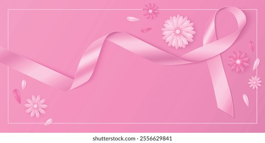 Pink breast cancer background with ribbon vector. Girl awareness symbol for hope realistic medical campaign design. 3d satin curve border for support brochure in world. Silk survivor fight sign