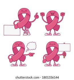 Pink breast cancer ribbon cartoon characters for pink breast cancer awareness month isolated on white background