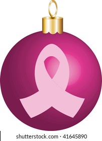 Pink Breast Cancer Ribbon displayed on a christmas ornament. Vector Illustration, Ornament color is very easy to change.