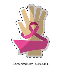 Pink breast cancer ribbon in the hand, vector illustration