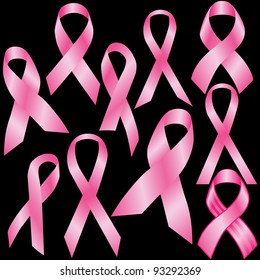 Pink breast cancer ribbons vector set isolated on black