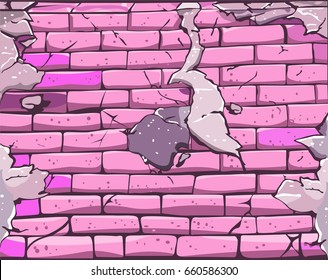 pink brick graffiti wall with loose pieces of plaster
