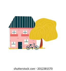 Pink brick house with balconies. The bike stands next to a house and a tall tree. Colorful vector isolated illustration cartoon
