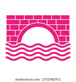 Pink brick wall with arch over wavy lines on white background