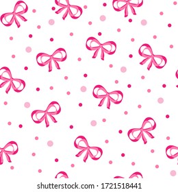 
Pink bright bows on a white background. Ornament for fabric, print, clothing, home decoration, textiles, packaging, gifts. Seamless vector illustration.