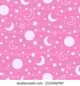 pink bright cute pattern with moon and stars