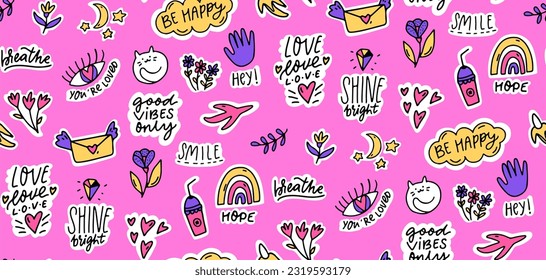 Pink bright doodle seamless pattern with lot of stickers. Cool print for stationer, wrapping paper and wallpaper. Positive vector illustrations