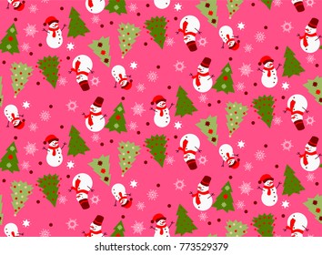 Pink bright pattern with a lot of snowflakes and other elements like a snowman and christmas trees