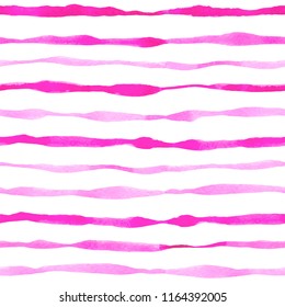 Pink bright striped watercolor seamless pattern with wavy lines. Hand drawn vector background