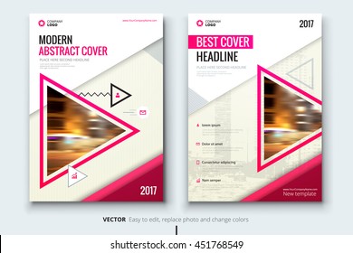 Pink Brochure  design. Corporate business template for annual report, catalog, magazine. Layout with triangle photo and abstract triangle shapes. Creative leaflet, poster, flyer or banner concept