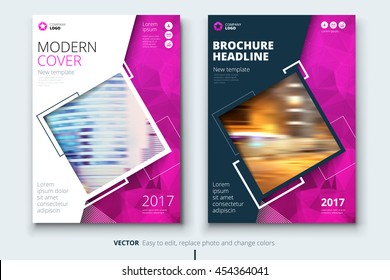Pink Brochure design. Corporate business template for report, catalog, magazine. Layout with modern square photo and abstract triangle background. Creative poster, flyer or banner concept