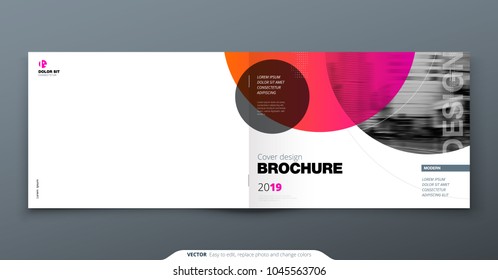 Pink Brochure design. Horizontal cover template for brochure, report, catalog, magazine. Layout with gradient circle shapes and abstract photo background. Swiss style Brochure concept