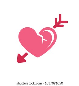 Pink broken cracked heart with arrow through it sticker patch logo icon design. Simple cute flat vector illustration. Valentine's day, cupid, love, heartbreak, sign, symbol.