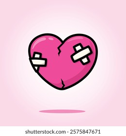 Pink Broken Heart Cartoon Icon Vector Illustration. Isolated background. Love Symbol. Valentine's Day Concept. Cracked Heart Symbol with Wound Plaster