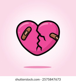 Pink Broken Heart Cartoon Icon Vector Illustration. Isolated background. Love Symbol. Valentine's Day Concept. Cracked Heart Symbol with Wound Plaster