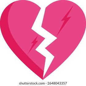 A pink broken heart with lightning bolts isolated on white background