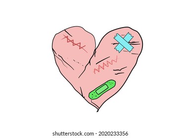 Pink broken heart sewed by thread and needle .Sadness,Feeling sorry for broken heart. Copy space, for your text. Vector illustration.