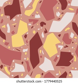 Pink broken stone. Terrazzo pattern, italian style for tiles, fabrics and finishes. Mediterranean interior flooring vector seamless pattern