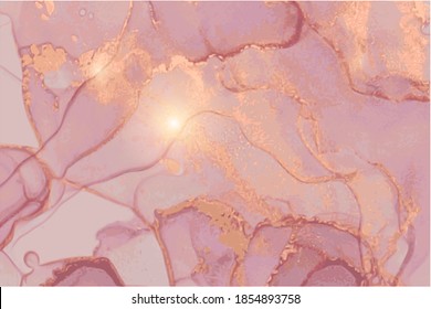 Pink and bronze stone marble texture. Alcohol ink technique abstract vector background. Modern paint with glitter. Template for banner, poster design. Fluid art painting