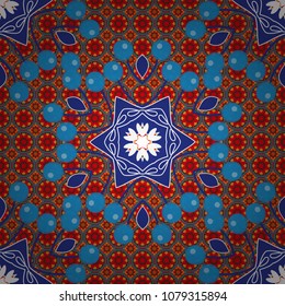 Pink, brown and blue flower kaleidoscope seamless pattern. Vector abstract background. Abstract kaleidoscope with Star of Judah David, floral spiral effect and geometrical ornament.