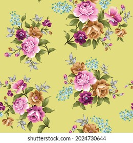 pink brown and blue vector flowers with green leaves bunches pattern on yellow background