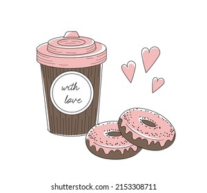 Pink and brown breakfast sketch. Coffe in a paper cup with two donuts and a hearts.