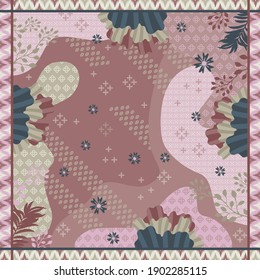Pink and brown color combination scarf pattern with flower ornament. Hijab design