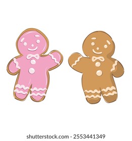 Pink and brown Gingerbread men. Winter sweet spicy cookies in the shape of little men isolated on white background. Christmas gingerbread. Cute cartoon vector illustration for greeting card.