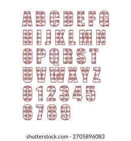 Conjunto de alfabeto de guinga marrón rosa, letras y números de patrón a cuadros, linda fuente decorativa sobre fondo blanco